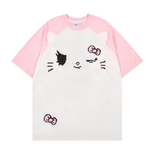 Letnia luźna koszulka w słodkim stylu z kontrastowym nadrukiem kota kontrastowy kolor kawaii