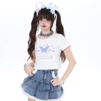 Sweet Cool Girly Style Butterfly Print Slim Fit T-shirt Backless kawaii