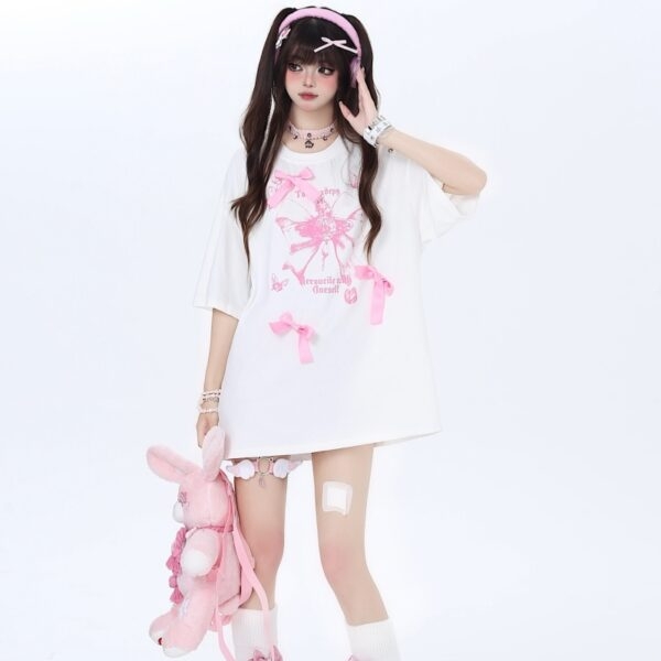 Sweet Cool Girly Style tredimensionell rosett T-shirt med rund hals Kawaii med rund hals