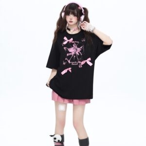 Sweet Cool Girly Style Three-Dimensional Bow Round Neck T-shirt Round Neck kawaii