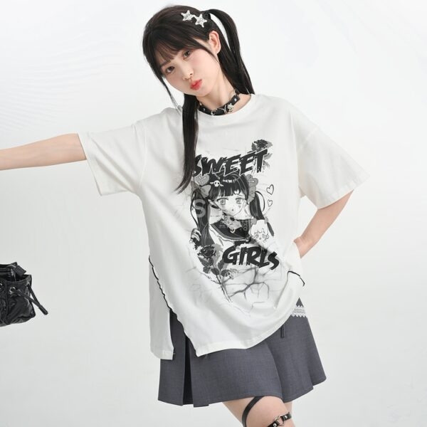 Sweet Cool Style Summer Hand-Painted Comic Print T-shirt Comic kawaii