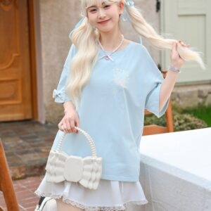 Sweet Girly Style 블루 포커 프린트 티셔츠 블루 카와이