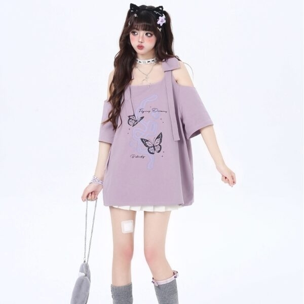 Süßes Off-Shoulder T-Shirt im Girly Style mit Schleife Kawaii-Schleife