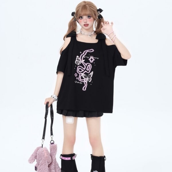 Süßes Off-Shoulder T-Shirt im Girly Style mit Schleife Kawaii-Schleife