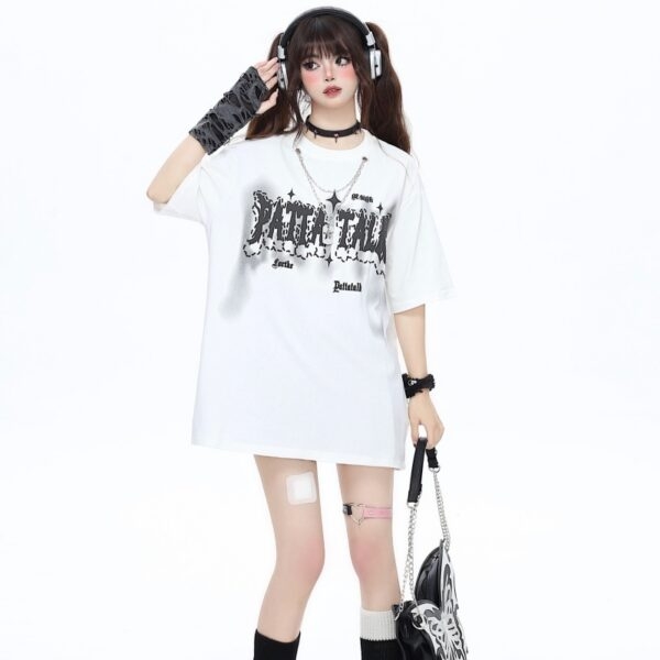 T-shirt à col rond imprimé lettre style girly doux Collier kawaii