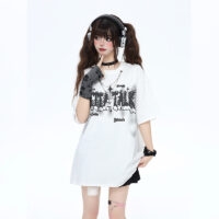 T-shirt à col rond imprimé lettre style girly doux Collier kawaii