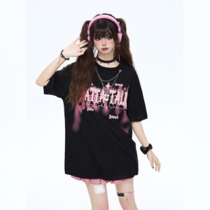 Süße T-Shirt Halskette im Mädchenstil mit Buchstabendruck und Rundhalsausschnitt, Kawaii