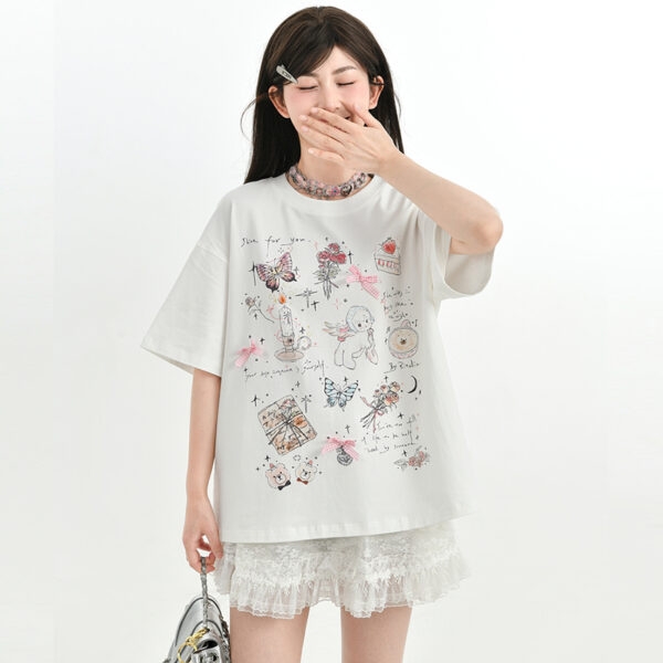 Camiseta de manga curta com estampa de quadrinhos branca estilo doce feminino Arco kawaii