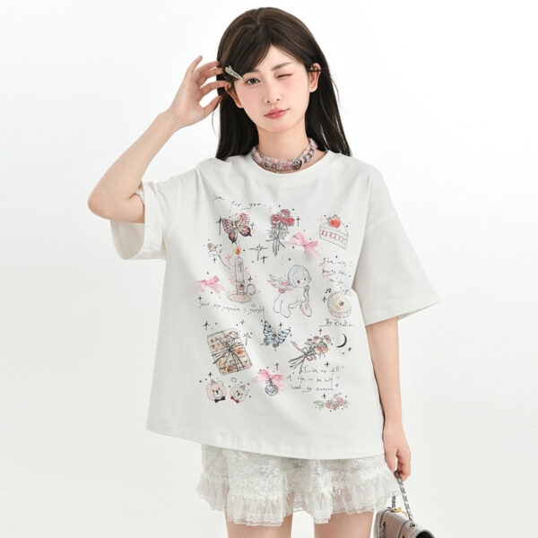 Lief wit T-shirt met korte mouwen in meisjesstijl Buig kawaii