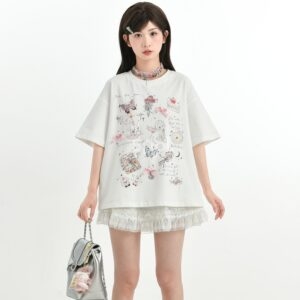 Sweet Girly Style 흰색 만화 프린트 반팔 티셔츠 Bow kawaii