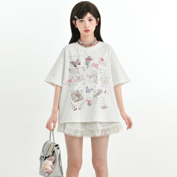Sweet Girly Style, vit kortärmad T-shirt med komiskt tryck Bow kawaii