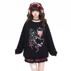 Süßes Sweatshirt im Gothic-Stil mit Rundhalsausschnitt und langen Ärmeln, Gothic kawaii