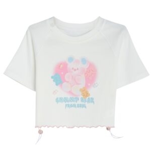 T-shirt corta stampata con orsetto gommoso in stile cartone animato dolce e morbido orso kawaii