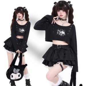 Camiseta preta de manga comprida estilo Sweet Y2K Blusa kawaii