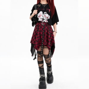 Темно-панк-стиль Черно-красная клетчатая юбка неправильной формы, темный каваи