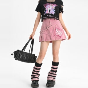 Sweet Cool Girl Y2K Style Pink Denim Skirt Denim Skirt kawaii