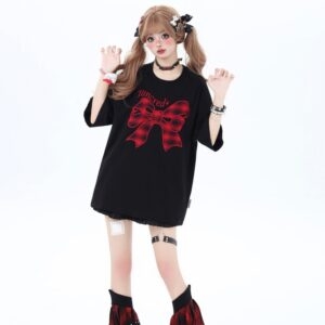 Sweet Girly Style Bow Embroidered Round Neck Loose T-shirt Bow kawaii