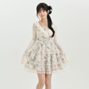 Sweet Girly Style Lace Patchwork Suspender Klänning Spets kawaii